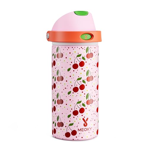 Image of 18 oz Insulated Water Bottle for Kids: Meoky Stainless Steel Water Bottle with 2-in-1 Straw and Spout Lid - Leak Proof, Cold for 24 Hours, BPA-Free for Girls School Sports, Sweet Cherry