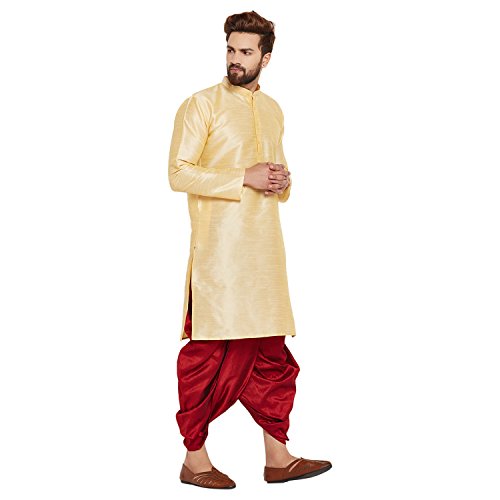 Image of SOJANYA (Since 1958 Men's Off-White and Gold Dupion Silk Dhoti Kurta Set