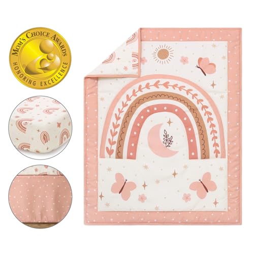 The Peanutshell Crib Bedding Set for Girls, Boho Rainbow Nursery Decor, Butterfly Floral Baby Bedding, Pink Crib Comforter, Fitted Crib Sheet, Crib Skirt - Image 3