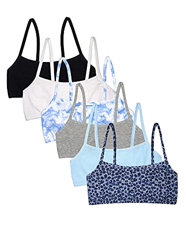 Fruit of the Loom Girls' Spaghetti Strap Sports Bra, Leo/Eyeshadow/Grey/White/Marble/Black 6-Pack, 40