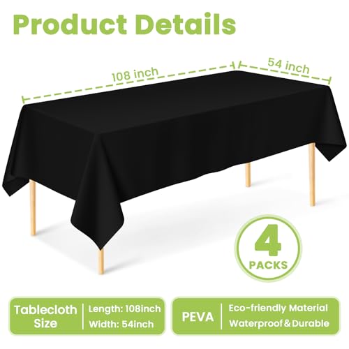 Image of Mulbozy Black Plastic Table Cloth Disposable 4 Pack, 54 x 108 Inch Tablecloths Rectangle, Black Plastic Table Cover for Party Decor