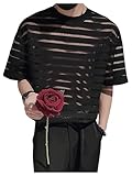 RoseSeek Men's Sheer Mesh Tee Shirt Striped Short Sleeve Crewneck See Through T Shirt Summer Tee Tops Black Large