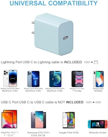 Extra Long 10FT iPhone 14 13 12 Charger Fast Charging 20W PD USB C Wall Charger with Fast Charging Cable Compatible iPhone 14/13/12/11/Pro/Pro Max/Mini/Xs Max/XR/X, iPad - Blue - 3
