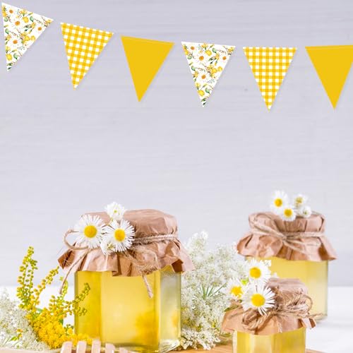 Image of 44Ft Daisy Party Decoration Yellow Buffalo Plaid Floral Daisy Banner Bunting Hanging Paper Triangle Garland for Spring Birthday Wedding Bridal Shower Engagement Bachelorette Baby Shower Party Supplies