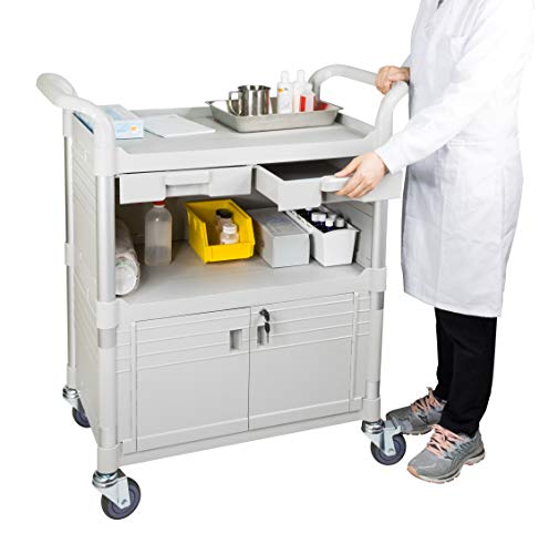 JaboEquip, 3 Shelf Heavy Duty Lockable Medical cart with Drawers, Hospital cart Utility Cart 606 lbs for Medical, L34.43xD19.69 inch, Off-White (Light Grey) Color - Thumbnail 3