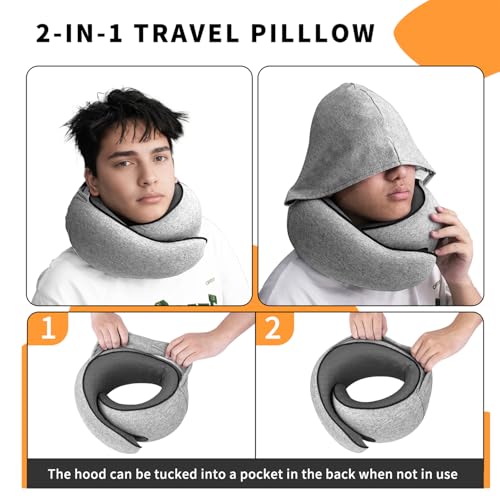GUOMIS Almohada Viaje,Almohada Cervical Viaje,Cojin Cervical Viaje de Espuma Memoria,con Capucha, Incluye Antifaz 3D y Tapones para los oídos. Ideal para Viajar. (Gris Claro) - imagen 6