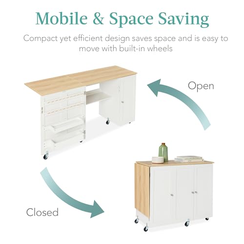 Best Choice Products Large Folding Sewing Table, Multipurpose Portable Craft Station & Side Desk w/Compact Design, Caster Wheels, Storage Shelves, 2 Storage Trays, Magnetic Doors - Natural/White - Image 4