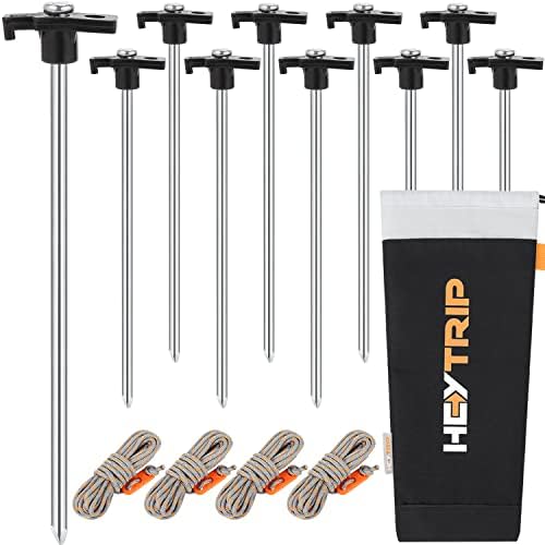 HEYTRIP 10PCS 10Inch Heavy Duty Tent Stakes Tent Pegs with 13ft Reflective Guy Lines and Storage Bag, Canopy Stakes Outdoor Camping Pegs for Tent Tarp