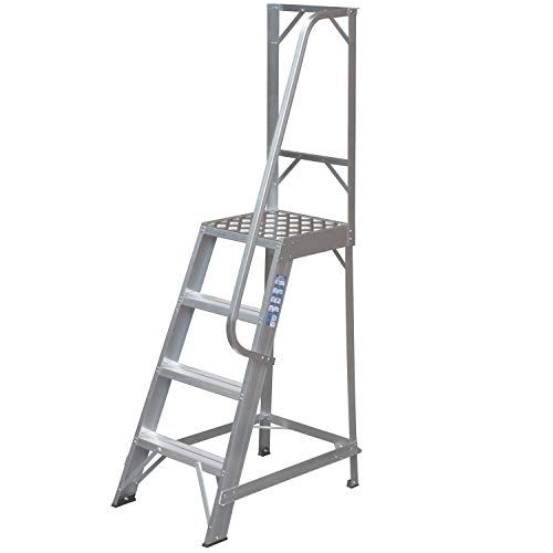 1m Heavy Duty Single Sided Fixed Step Ladders – Handrail & Platform Safety Barrier – Wide Non-Slip Flat Rungs / Tread Stairs – Warehouse & Trade Steps – 2.6m Working Height Reach – Strong Aluminium