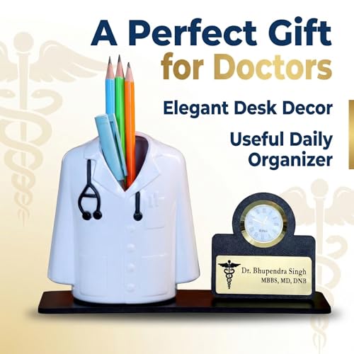 Image of Medical Theme Desk Organizer with clock - personalized gift to a doctor Pen Stand | Unique Apron /Coat Shape Pencil Holder | A gift to doctors female, male & Medical Aspirants