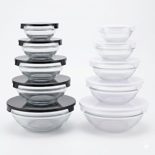 Kit 5 Potes Vidro com Tampa Tigelas Vasilhas Marmitas Geladeira Empilhavel