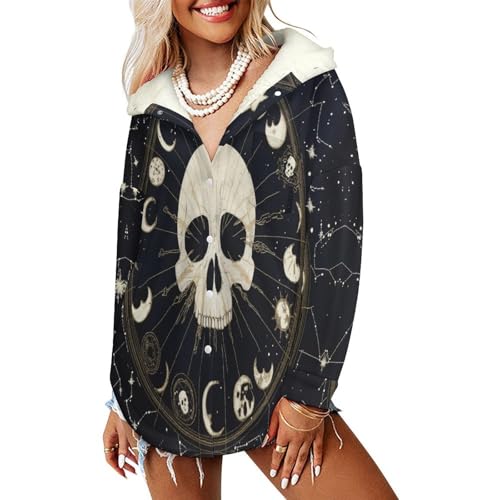 Veste polaire femme fantastique : manteau sherpa chaud à capuche et crâne lune
