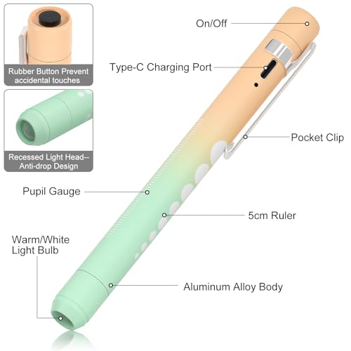 Rechargeable Pen Light for Nurses Doctors – Medical LED Penlight with 2 Light Modes, USB Charging, Durable Metal Clip Nursing Essentials for Clinical Rotations, ER, Night Shift - Orange Green Gradient