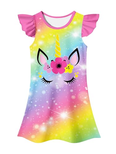 Girls Rainbow Unicorn Dress, Ruffle Sleeve Casual Playwear, Princess Dress for Birthday, Party, and Everyday Wear