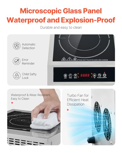 Image of VEVOR Induction Cooktop, 3500W Commercial Induction Burner with 11-Level Temperature, Stainless Steel Countertop Induction Hot Plate with 3H Timer, Child Lock for Restaurant (6-15P Plug, 6-20R Outlet)