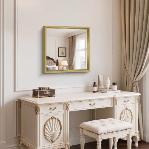Image of Bathroom Mirror, 24 x 24 inch Natural Wood Grain Colored Aluminum Metal Frame Bathroom Vanity Mirror, Square Wall Mirror for Bedroom Living Room, Tempered Glass,Anti-Rust