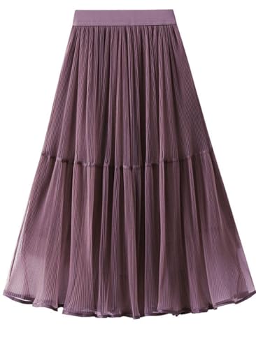 Long Pleated Skirts for Women Elastic High Waist Flowing Tulle Skirt Fairy Midi Skirts Vacation Lounge Trendy