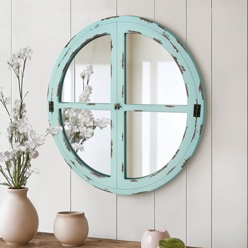 Pocetry 30" Round Window Mirror, Vintage Coastal Wall Mirror with Distressed Blue Wood Frame & Faux Windowpanes, Farmhouse Cottagecore Decor for Living Room, Entryway, or Dining Room