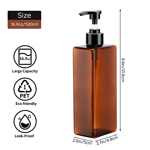 Image of Segbeauty Shampoo Bottles, 3pcs 16.9oz 500ml Refillable Pump Dispenser with Labels, Empty Reusable Plastic Press Bathroom Hotel Shower Containers for Shampoo Conditioner Body Soap Hand Soap Gel Amber