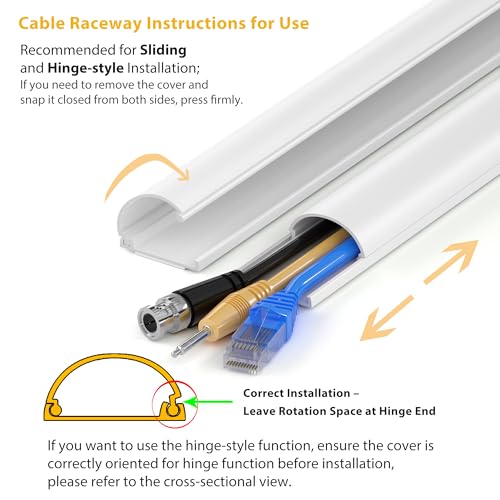 Image of ZhiYo 39in Cord Hider for 2-3 Wall-Mounted TV Wires, 1.2 inchW x 0.55 inchH, White | Split-Hinge Design for Easy Installation, Half-Round Glazed Finish Ideal for Wall /Baseboard, Self-Adhesive, 3 Pack (13 inch Each)