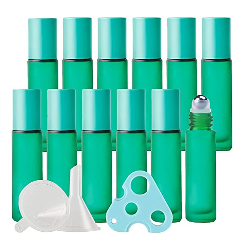 YAMAXUN 12 Stück, 5 Ml Leere, Mattiertes, Hellblaues Glas, Ätherische Öl-Rollerflaschen Mit Alu-Schraubverschluss, Roll-On-Flaschen, Rollerball-Flasche Für Ätherisches Öl-Parfüm,Grün,10ML Cover