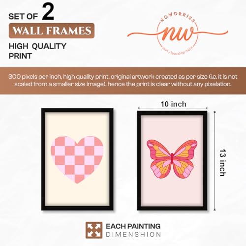 Image of NoWorries Pink Aesthetic Heart & Butterfly Wall Art Framed Painting Set | Cute Minimal Art Prints | Premium 300 GSM Paper Print with Synthetic Wooden Frame | Modern Wall Decor for Bedroom, Living Room, Girls Room & Studio (Set of 2) (BLACK, ART-3, 10X13INCHES)