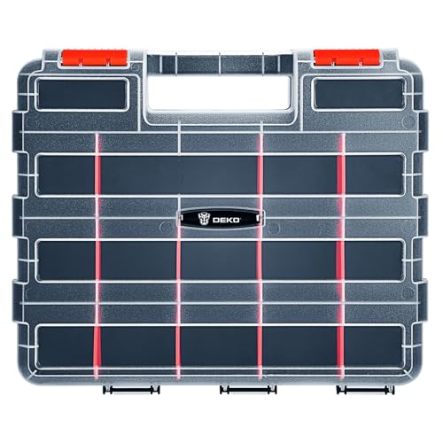 DEKO Screw Storage Organiser Tool Box: Professional 34-Compartment Screw Box Organiser with Removable Dividers, Transparent Dual-Sided Screw Storage Case with Secure Latches for Hardware & Small Parts