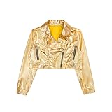 [XUNZOO] キッズ ガールズ メタリック モーター バイカー コート ロングスリーブ Pu ジッパー スプリング モーターサイクル ジャケット アウター クロップトップ 金 16