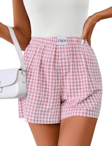 Image of LOMON Womens Boxer Shorts Casual Summer 2026 Pajama Lounge Sleep Pj Gingham Plaid Shorts Y2K Beach Bottoms