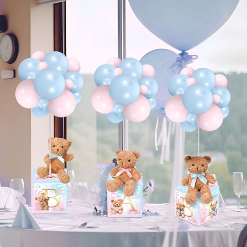 Image of Lenwen 6 Sets Baby Letter Boxes Decorations Table Centerpieces for Baby Shower Gender Reveal,Bear Stuffed Animals Balloon with Stand Plush Toy Boxes for Birthday Party Wedding(Bear,Pink Blue)