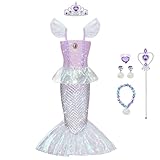 BSBUY Disfraz Sirenita Niña, Disfraz Princesa Niña de la Sirena con Collar Corona y Varita Mágica, Vestido Sirenita Niña, Disfraz Halloween Niña para Carnaval Fiesta Cumpleaños, 140cm