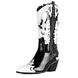 Shoe'N Tale Women's Embroidered Western Cowboy Boots Pointed Toe Knee High Mid Calf Chunky Block Heel Stitching Cowgirl Boots (8.5,Black-01)