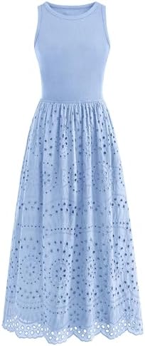 dowerme Women Summer Dresses 2025 Casual Sleeveless Crewneck A-Line Boho Lace Eyelet Cotton Tank Maxi Dress with Pockets