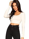 DIDK Damen Crop Shirt T-Shirt Langarm Casual Tops Oberteil Pullove Sweatshirt Langarmshirts Langarmtops Lässig T-Shirts Bauchfrei Weiß mit U-Boot S