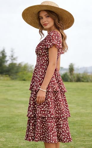 Image of Belle Poque Women's Vintage Square Neck Dress 2026 Summer Short Sleeve Layered Tiered Ruffle A-line Swing Midi Dress
