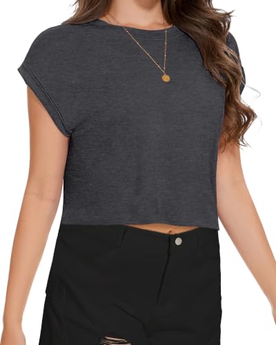 Image of Womens Crop Tops Summer Roll Cap Sleeve Cropped Tshirt Loose Fit Basic Tees