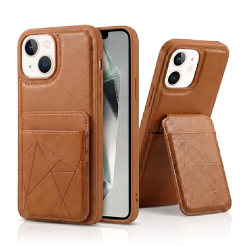Image of amazon basics Premium Vegan Leather Back Cover with Card Holder and Integrated Mobile Stand for iPhone 13 - Slim Shockproof Wallet Case with Geometric Stitching [Tan]
