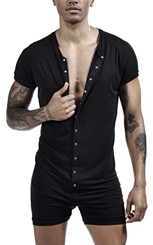 Men’s One Piece Pajama Shorts Thermal Union Suit Button Down Jumpsuit Adult Stretchy Cotton Romper Short Bodysuit Underwear Black X-Large #TOP12
