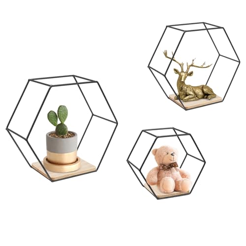 BAOCHADA Lot de 3 étagères murales hexagonales en métal doré/blanc/noir pour salon, cuisine, chambre d'enfant, chambre à coucher (noir)