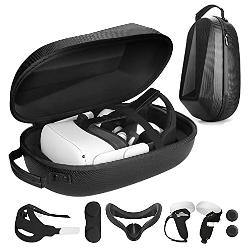Eyglo 5 in 1 Accessories Case for Oculus Quest 2 with Head Strap,Face Silicone Cover,Lens Protector and Controller Grips Cover,Shockproof Comfort Bundle(Case with Accessories
