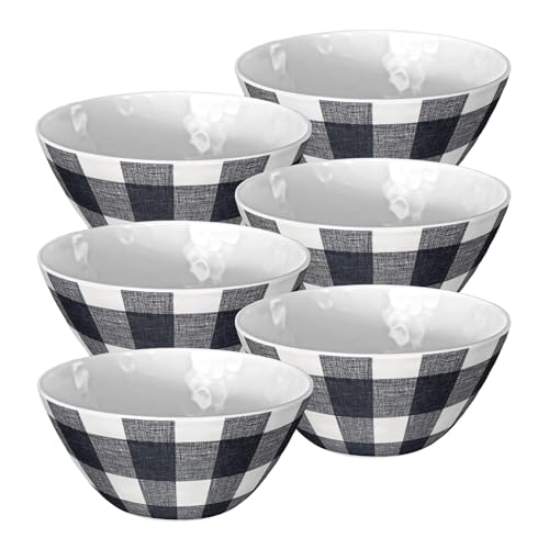 Purely Home Black & White Checked Melamine Plastic Bowls Set of 6 - Gingham Outdoor Dining Reusable Cereal/Dessert Bowl Gift - Dishwasher Safe & Break-Resistant
