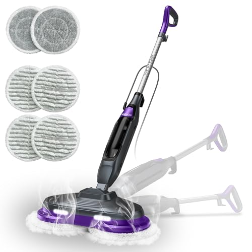Scrub & Steam Mop with Rotating Mop Pads, LED Headlights, 6 Scrub Pads, Large Tank, Swivel Steering, Effortless Scrubbing Hard Floor Cleaner Upgraded Black