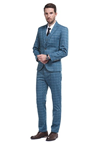 Men's Plaid Modern Fit 3-Piece Suit Blazer Jacket Tux Vest & Trousers, Blue, Medium. #TOP2
