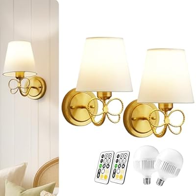 Mesuz Battery Operated Wall Sconces Lights Set of Two Remote Control, Antique Brass Bow Sconces Rechargeable Battery Powered Wall Lights Dimmable LED 2700K-6000K 16 Color Temperatures