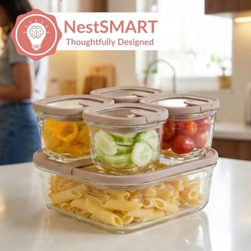 Image of Nestasia Vento Glass Containers with Lid Set of 5 (220ml x 4, 1320ml x 1) - Microwave, Refrigerator & Dishwasher Safe Containers with Air Vent Lid for Fridge Storage (Beige)