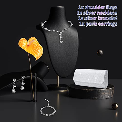 Ditard 4 Pieces Rhinestone Jewelry Setclutch Purse Prom Jewelry Sets Wedding Bridal Jewelry Rhinestone Necklace Dangle Ear Clipcrystal Jewelry Set Wedding Party (Elegant Style) Silver #TOP6