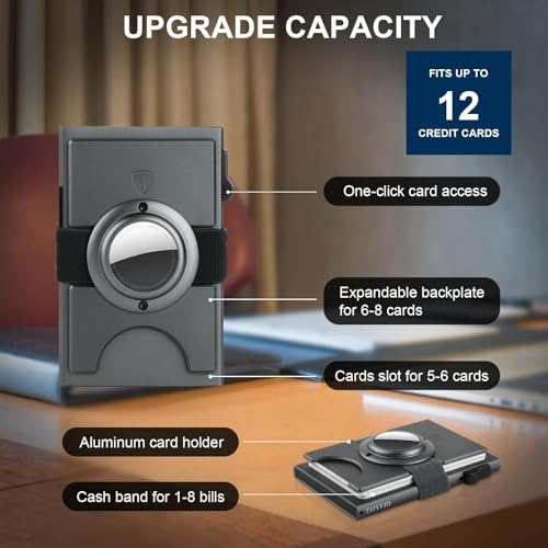 Image of TOYFID Minimalist Wallet for Men,Slim Wallet Compatible with AirTag,Card Holder Metal Wallet,Pop Up Wallet,Metal Card Holder,Quick Access Card,RFID Blocking Protection,Hold 12+ Credit Cards (Grey)