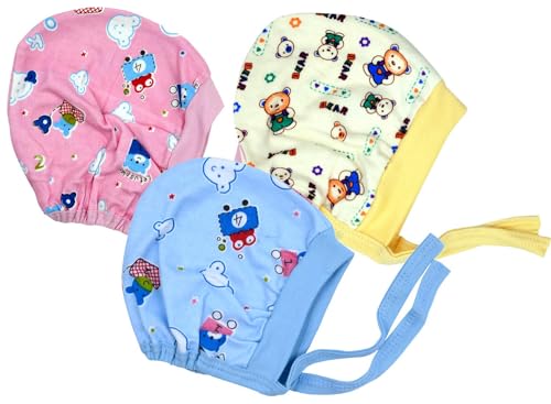 Image of New Born Baby Girls & Boys Hosiery Cotton Double Layer Knot Caps Set Infant Hat Toppi Unisex Baby Kan Topi Pack of 3