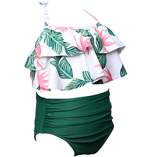 Toddler Kids Girls Swimwear 2pc Set Solid Ruffle 𝐇𝐚lter Top + Floral Print Bottoms Bikini Tankini Swimming Suit3