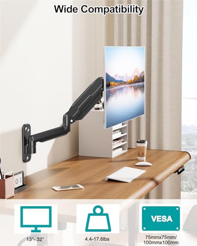 MOUNT PRO Single Monitor Wall Mount for 13 to 32 Inch Computer Screens, Gas Spring Arm Holds Up to 17.6lbs, Full Motion Adjustable,VESA Mount 75x75, 100x100,Black